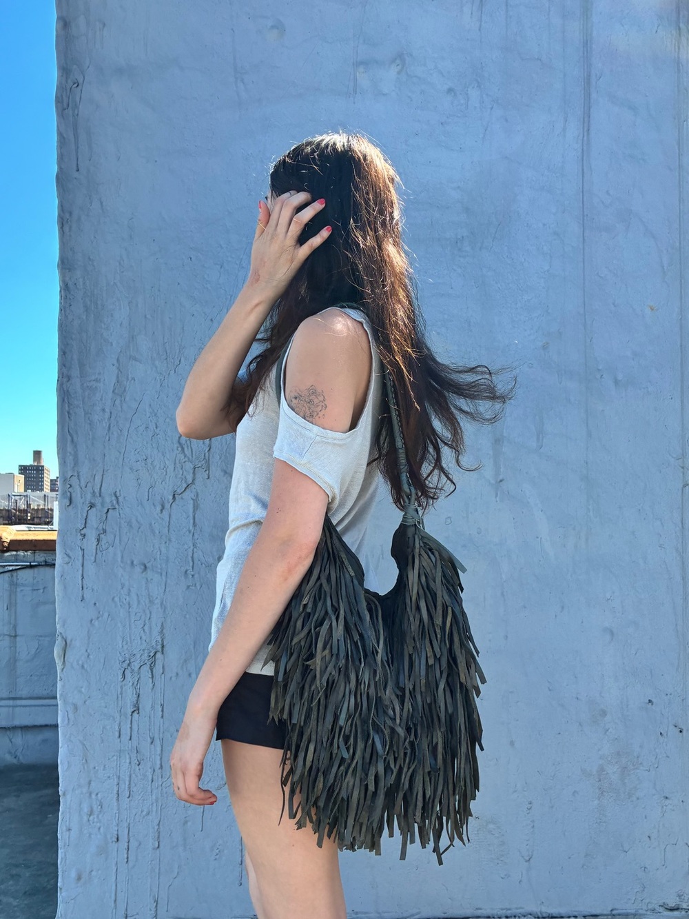 Fringed Black Leather Shoulder Bag
